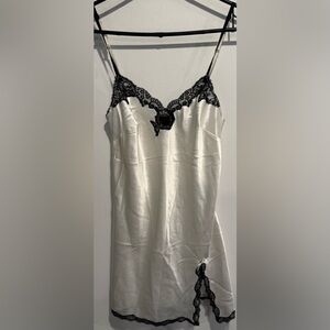 Victoria's Secret Satin Slip dress teddy lingerie White Black lace bow slit USXS